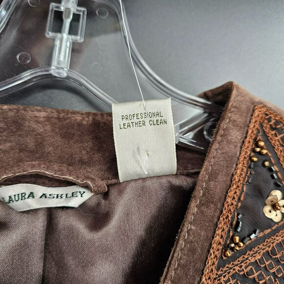 Laura Ashley Nubuck Leather Blazer Jacket L Brown Beaded Sequin Embroidered New - Picture 5 of 13